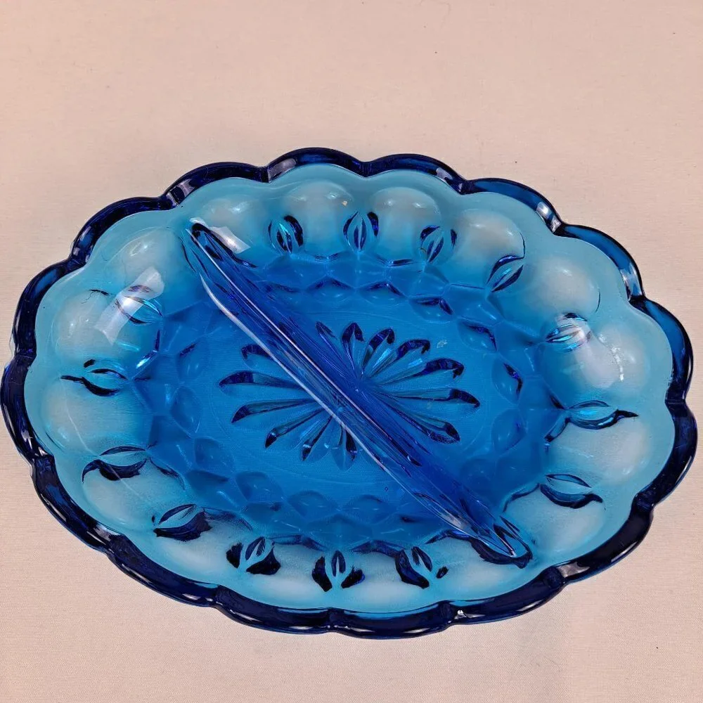 Oval Shaped Blue Glass Divided Trinket Dish Scalloped Edges Vintage
